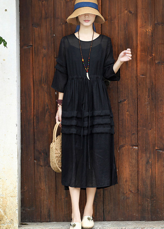 Elegant Black O-Neck Drawstring Cotton Long Dress Two Pieces Set Summer