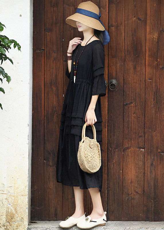 Elegantes schwarzes langes Kleid aus Baumwolle mit O-Ausschnitt und Kordelzug, zweiteiliges Set Sommer