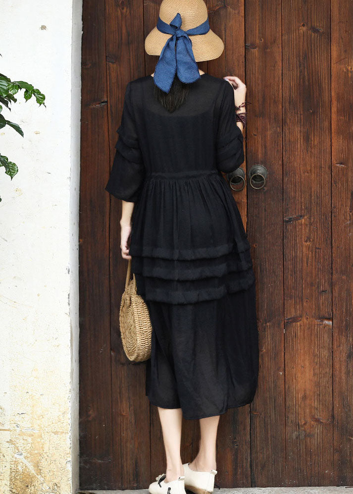 Elegantes schwarzes langes Kleid aus Baumwolle mit O-Ausschnitt und Kordelzug, zweiteiliges Set Sommer
