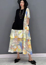 Elegant Black O-Neck Drawstring Patchwork Print Cotton Holiday Dress Short Sleeve