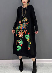 Elegant Black O-Neck Embroidered Knit Maxi Dress Fall
