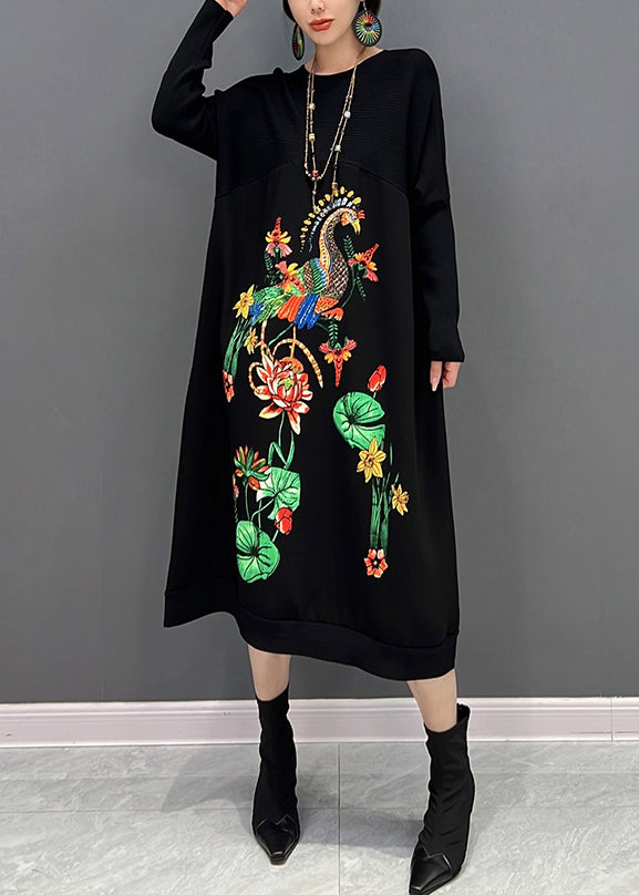 Elegant Black O-Neck Embroidered Knit Maxi Dress Fall