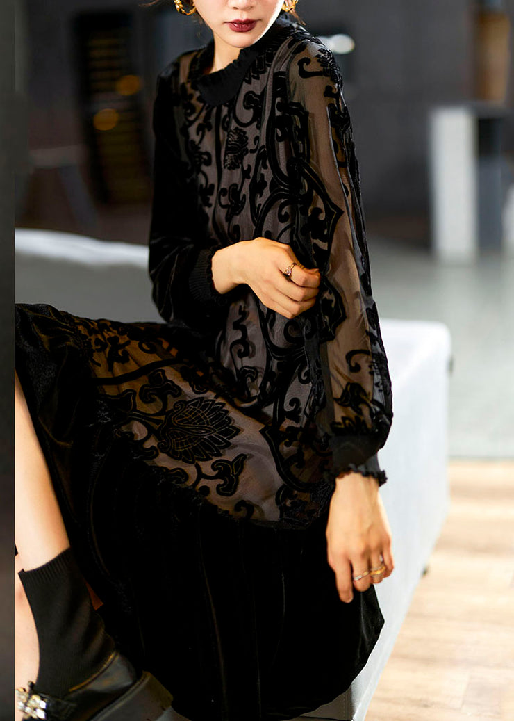 Elegant Black O-Neck Embroidered Patchwork Silk Velour Maxi Dress Long Sleeve