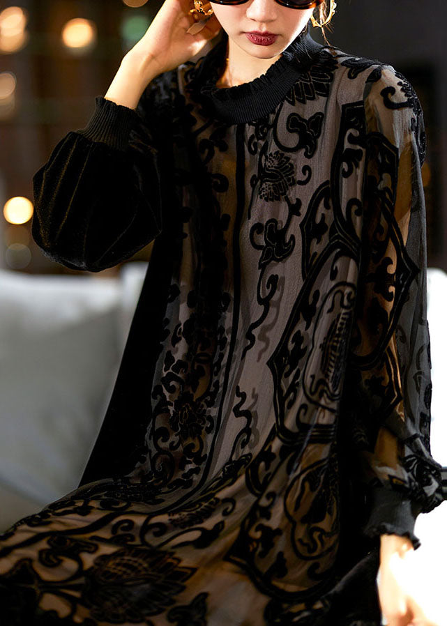 Elegant Black O-Neck Embroidered Patchwork Silk Velour Maxi Dress Long Sleeve