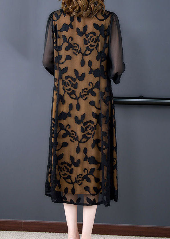 Elegant Black O-Neck Embroidered Patchwork Tulle Dresses Summer