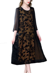 Elegant Black O-Neck Embroidered Patchwork Tulle Dresses Summer