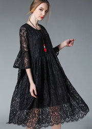 Elegant Black O-Neck Hollow Out Lace Party Dress Flare Sleeve