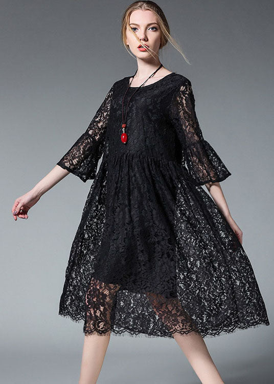 Elegant Black O-Neck Hollow Out Lace Party Dress Flare Sleeve
