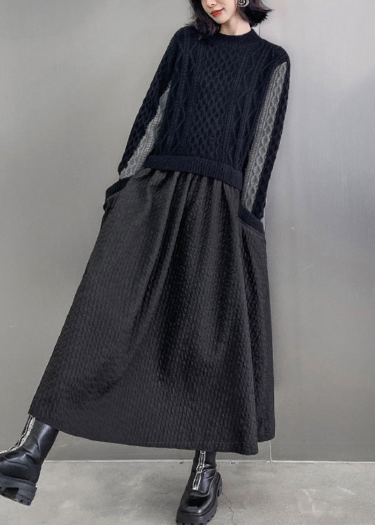 Elegant Black O-Neck Patchwork Knit Maxi Dresses Winter