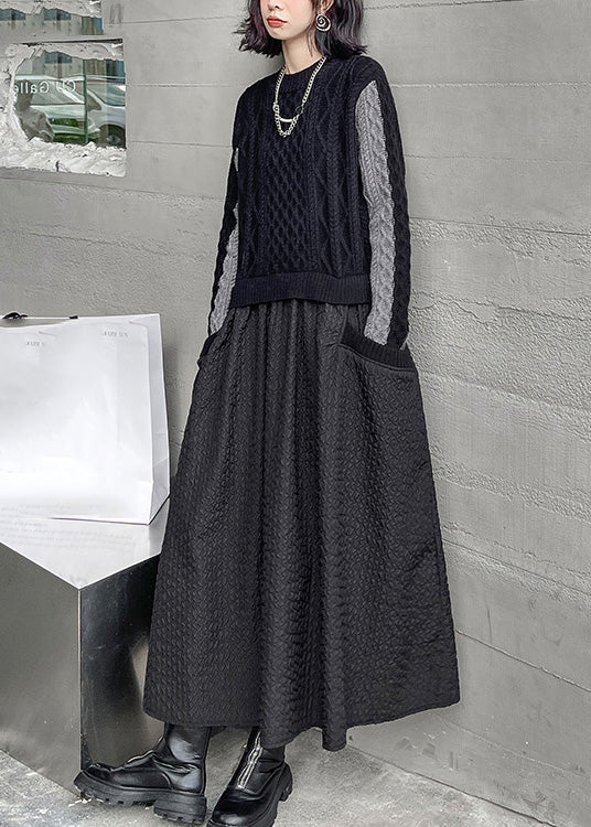 Elegant Black O-Neck Patchwork Knit Maxi Dresses Winter