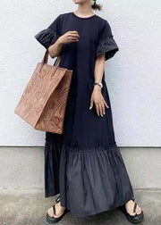Elegant Black O-Neck Patchwork Ruffles Cotton Maxi Dresses Puff Sleeve