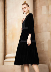 Elegant Black O-Neck Patchwork Silk Velour Holiday Maxi Dress Fall
