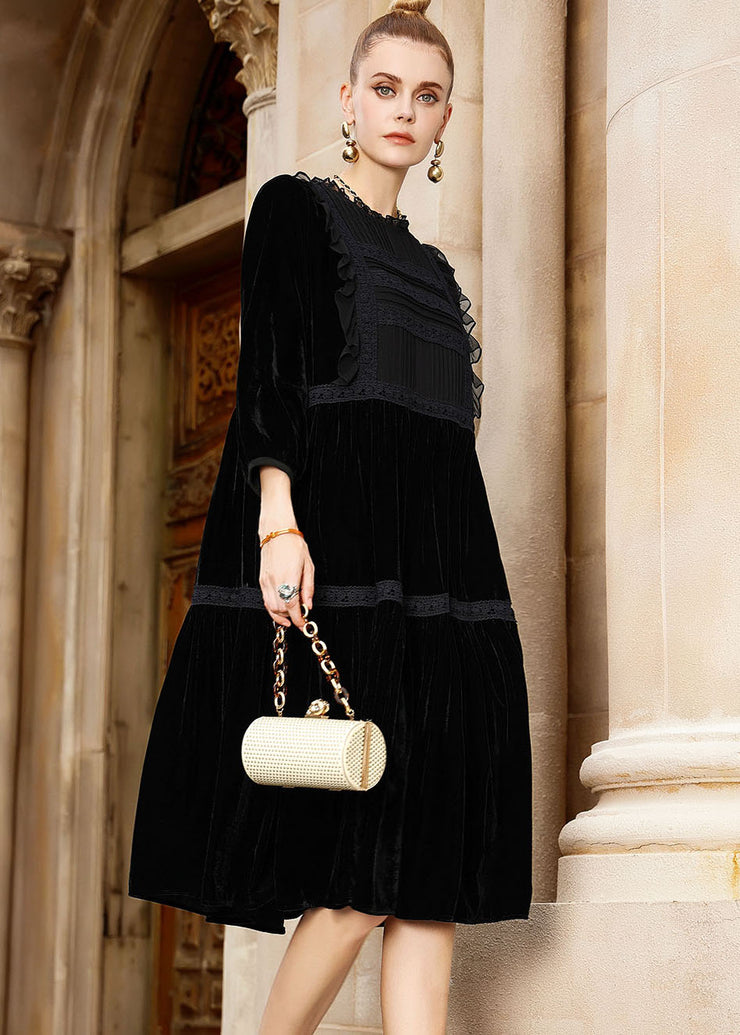 Elegant Black O-Neck Patchwork Silk Velour Holiday Maxi Dress Fall