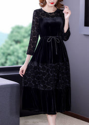 Elegant Black O-Neck Patchwork Tie Waist Silk Velour Dress Bracelet Sleeve