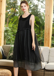 Elegant Black O-Neck Patchwork Tulle Long Dresses Sleeveless