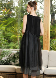 Elegant Black O-Neck Patchwork Tulle Long Dresses Sleeveless