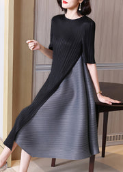 Elegante schwarze Patchwork-Urlaubskleider mit O-Ausschnitt und faltigen Ärmeln