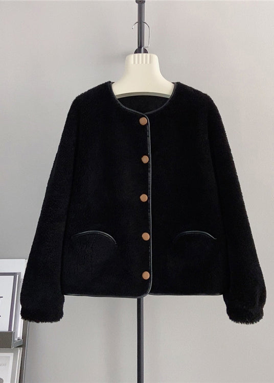 Elegant Black O Neck Pockets Button Wool Coats Winter