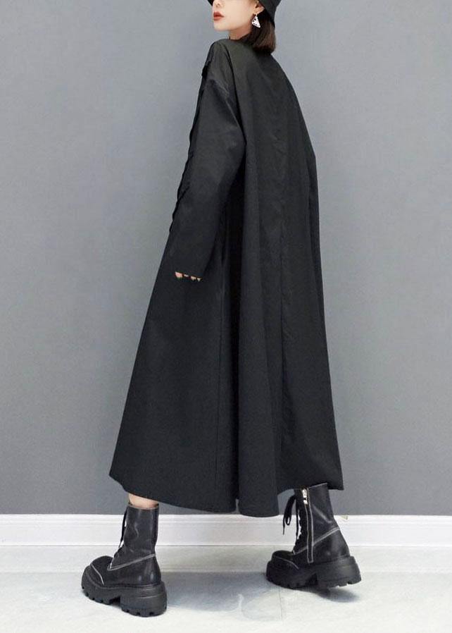 Elegant Black O-Neck Pockets Robe Dresses Fall Long Sleeve - SooLinen