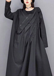 Elegant Black O-Neck Pockets Robe Dresses Fall Long Sleeve - SooLinen