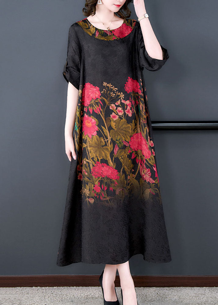 Elegant Black O Neck Print Patchwork Silk Long Dress Summer