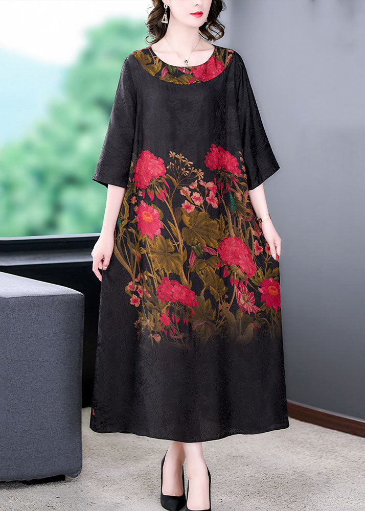 Elegant Black O Neck Print Patchwork Silk Long Dress Summer