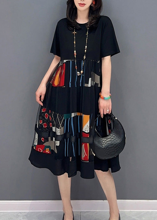 Elegant Black O-Neck Print Patchwork Tulle Long Dress Short Sleeve