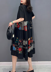 Elegant Black O-Neck Print Patchwork Tulle Long Dress Short Sleeve