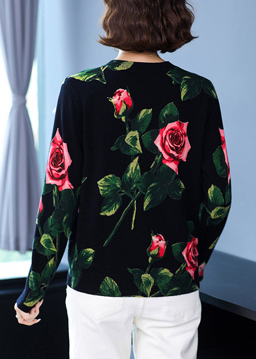 Elegant Black O Neck Print Woolen Knit Pullover Spring