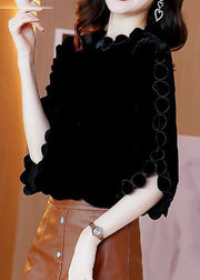 Elegantes, schwarzes, einfarbiges, originales Velours-Hemd mit O-Ausschnitt und ausgestellten Ärmeln