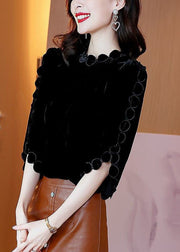 Elegant Black O-Neck Solid Color Original Design Velour Shirt Top Flare Sleeve