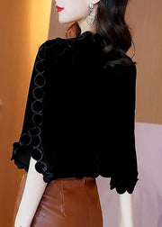 Elegant Black O-Neck Solid Color Original Design Velour Shirt Top Flare Sleeve
