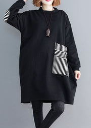Elegant Black O-Neck Striped Patchwork Mid Dress Long Sleeve