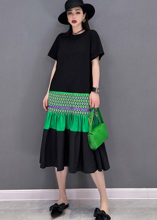 Elegant Black O-Neck T Shirt Patchwork Fishtail Dress Short Sleeve