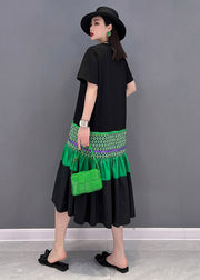 Elegant Black O-Neck T Shirt Patchwork Fishtail Dress Short Sleeve