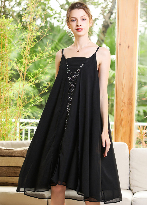 Elegant Black Oversized Diamond Chiffon Spaghetti Strap Dress Summer