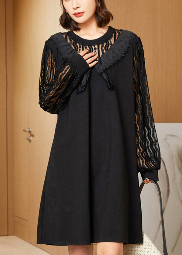 Elegant Black Oversized Lace Patchwork Hollow Out Spandex Dress Spring