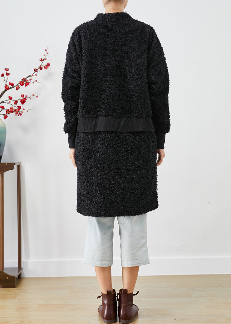 Elegant Black Oversized Patchwork Faux Fur Teddy Coat Fall