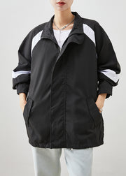Elegant Black Oversized Patchwork Spandex Sweatshirt Jackets Winter