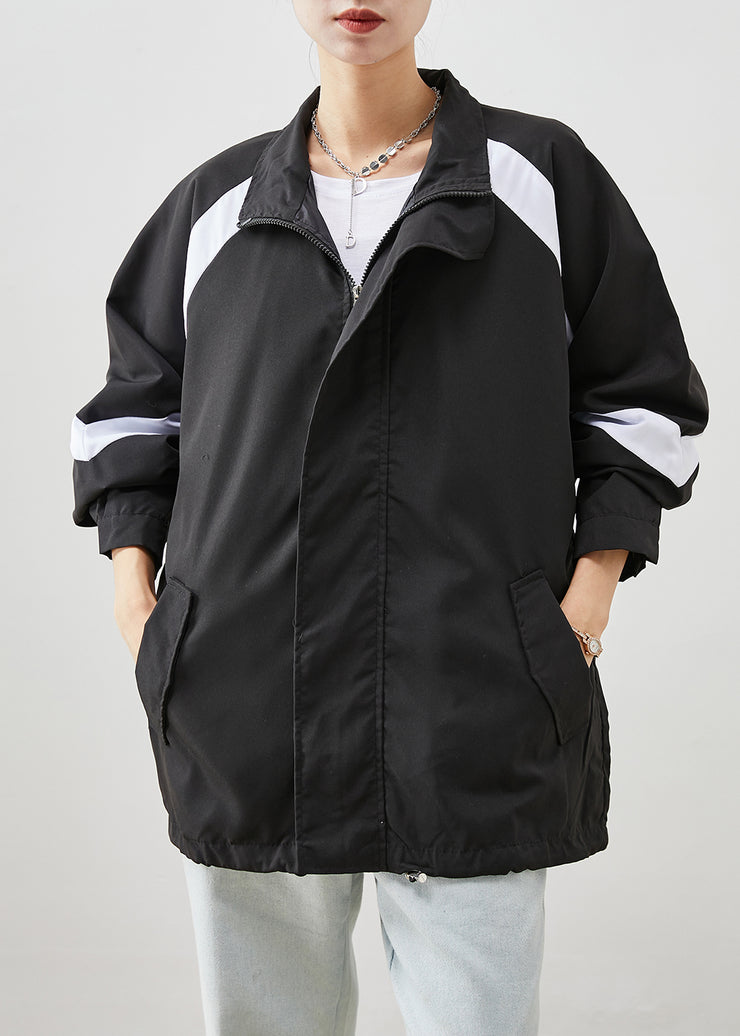 Elegant Black Oversized Patchwork Spandex Sweatshirt Jackets Winter