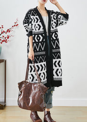 Elegant Black Oversized Print Knit Long Cardigans Fall