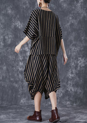 Elegant Black Oversized Striped Linen Women Sets 2 Pieces Summer