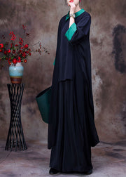 Elegantes schwarzes Patchwork grüner Bubikragen niedriges hohes Design Chiffon langes Hemd und Hose mit weitem Bein zweiteiliges Set Sommer
