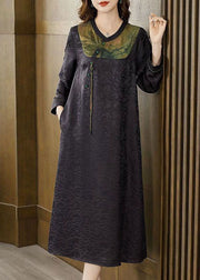 Elegant Black Patchwork Jacquard Silk Long Dress Fall