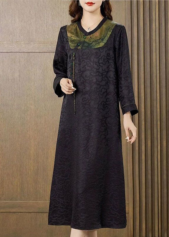 Elegant Black Patchwork Jacquard Silk Long Dress Fall