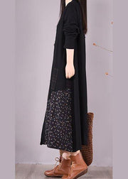 Elegant Black Patchwork Print Tunic O Neck Pockets Maxi Spring Dresses - SooLinen