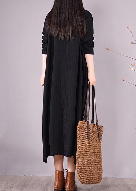 Elegant Black Patchwork Print Tunic O Neck Pockets Maxi Spring Dresses - SooLinen