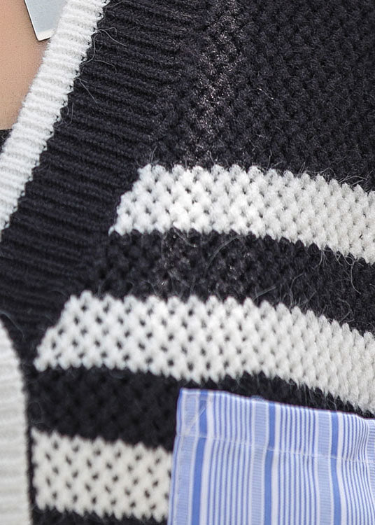 Elegant Black Patchwork Striped Button Asymmetrical Design Fall Long Sleeve Top