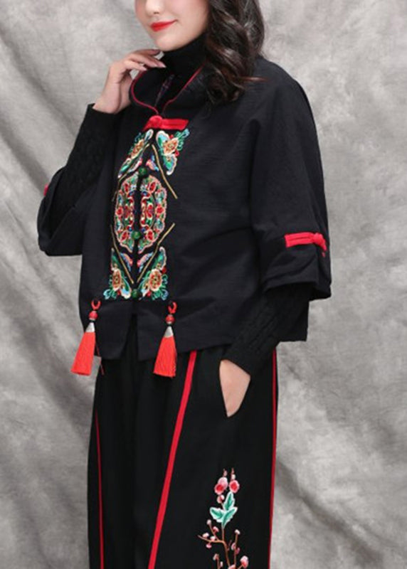 Elegant Black Peter Pan Collar Embroidered Floral Coats Long Sleeve