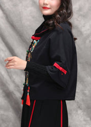 Elegant Black Peter Pan Collar Embroidered Floral Coats Long Sleeve